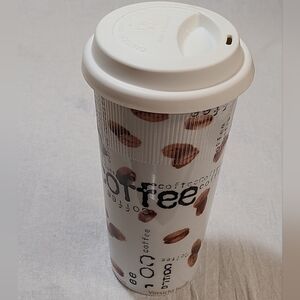 Konitz 12 Oz. Brown & White Porcelain Coffee Collage Travel Mug w/ Silicone Lid